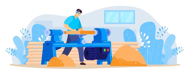 Worker works on turning lathe vector illustration. Cartoon flat turner carpenter character working, cutting wooden timber planks with lathe machine in workshop. Woodwork equipment isolated on white