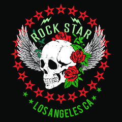 Vector design for t-shirt of a skull with white wings and red roses, with a circle of red stars and green  letters on a black background. 