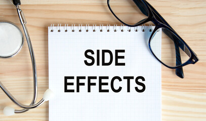 The inscription in the white notepad Side effects, next to the statocop, glasses. All on a wooden...