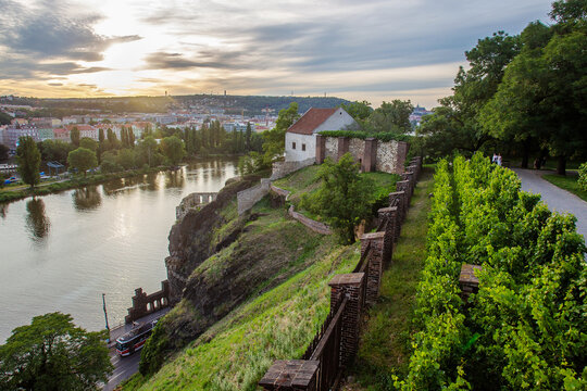 Vysehrad gardens and river Vltava an panorama of Pragued