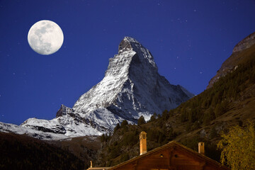 Big moon over the Matterhorn peak, Zermatt, Switzerland