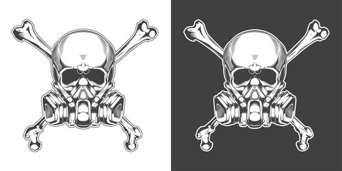 Vintage monochrome skull with respirator and crossed bones isolated vector illustration