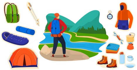 Fototapeta premium Outdoor tourism adventure vector illustration. Cartoon flat tourist hiker backpacker character hiking, traveling in summer river landscape, backpacking gear travel store collection isolated on white