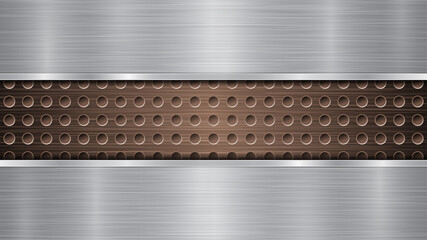 Background of bronze perforated metallic surface with holes and two horizontal silver polished plates with a metal texture, glares and shiny edges