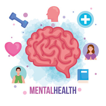 mental health concept, and brain with health icons vector illustration design