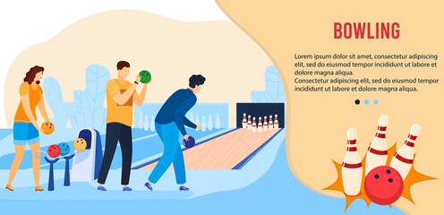 People play bowling game flat vector illustration. Cartoon active friend player characters playing in bowling alley, throw ball hitting, leisure or sport activity competition for gamers team banner