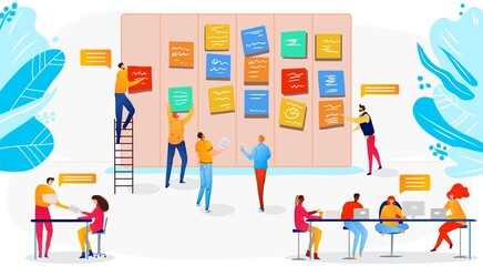 People business office teamwork flat vector illustration. Cartoon employee characters team working, brainstorming, managers sitting on table using laptop and communicating, business communication