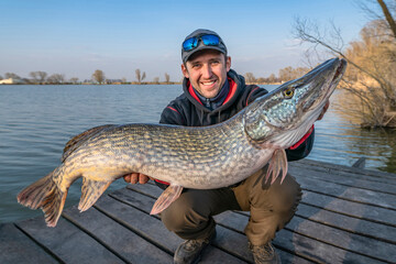 Success pike fishing. Happy fisherman with big fish trophy in hands