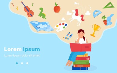 School education concept vector illustration. Cartoon flat girl child character sitting on paper books pile, reading open textbook with school knowledge, learning educational symbols design over head