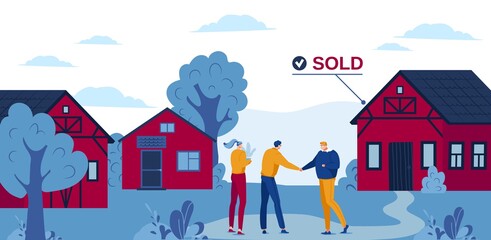 Suburban real estate vector illustration. Cartoon flat realtor agent character handshaking with buyer people near house for sale, buying selling suburb property household in estate agency background