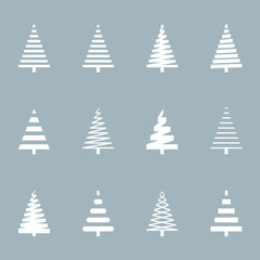 Vector Set of White Silhouettes of Pine Trees on grey background