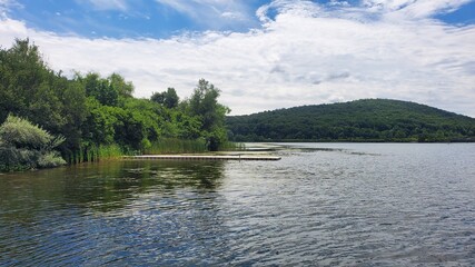 a floating deck in a lake