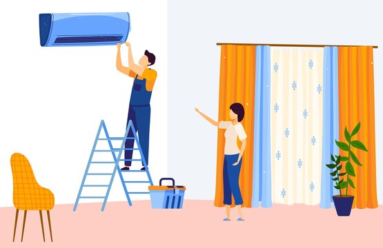 Repair air conditioner flat vector illustration. Cartoon repairman technician character working, repairing household air smart cooling system, AC home fixing, house conditioning service background
