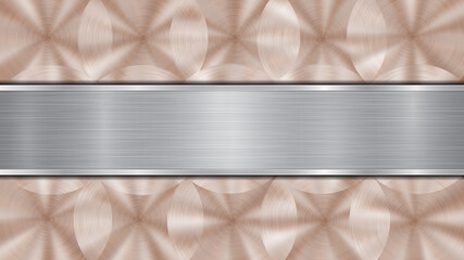 Background consisting of a bronze shiny metallic surface and one horizontal polished silver plate located centrally, with a metal texture, glares and burnished edges