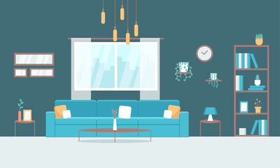 Modern living room design with furniture, loft turquoise interior with sofa