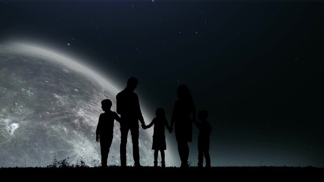 A Silhouette of a Family Watching on the Slowly Spinning Moon Around of the Earth. Flight Into the Infinite Universe. The Moon Comes Up from the Edge and Goes to the Side.