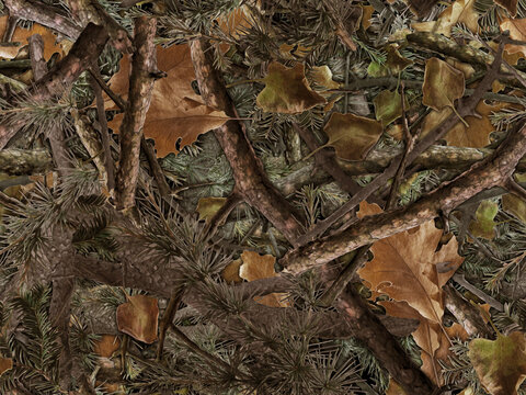 Realistic forest camouflage. Seamless pattern. Conifer and oak branches and leaves. Useable for hunting and military purposes.      