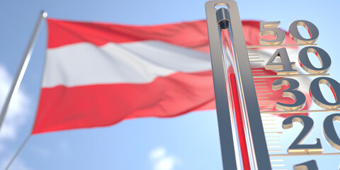 Thermometer shows high air temperature against blurred flag of Austria. Hot weather forecast related 3D rendering