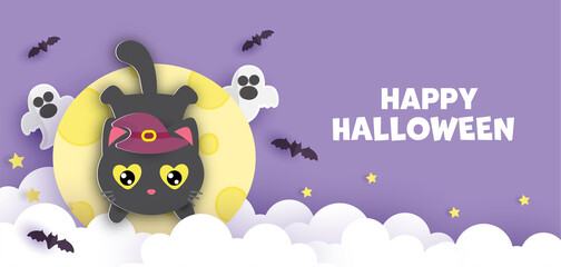 Happy halloween banner in paper cut style with cute witch pumpkin and ghost.