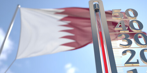 Thermometer shows high air temperature against blurred flag of Qatar. Hot weather forecast related 3D rendering