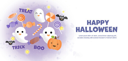 Happy Halloween banner with cute ghost and candy in water color style.