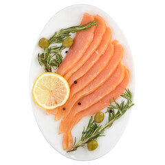 Sliced lightly salted trout on a white background with vegetables, herbs and spices in a beautiful design of high quality  isolated on a white background