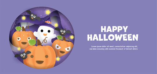 Happy Halloween banner with  cute pumpkins and ghosts  in water color style.