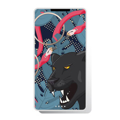 Screen of smartphone with black panther and pink flamingo pattern