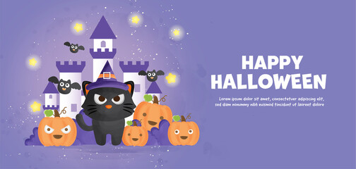 Happy Halloween banner with cute cat and pumpkins in water color style.