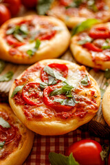 Small vegetarian pizza with cherry tomatoes and mozzarella cheese sprinkled with fresh basil close up view