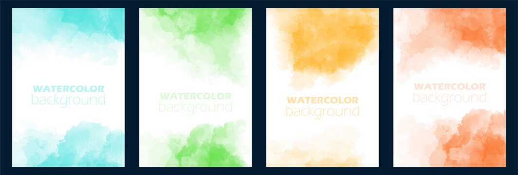 Collection of abstract watercolor backgrounds in various colors on white paper. Vector illustration with wet graphics. Blots, splash and stain. Template with free copy space for text. Save the date.