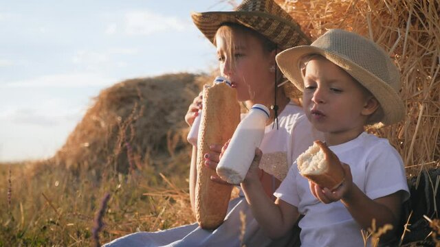 Little brother and older sister sitting on a haystack in a field at sunset. Children drink milk and eat fresh bread. Breakfast concept in nature.