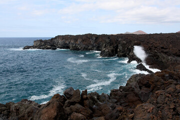 Rough seas and volcanic lava fields, Lanzarote, Canary Islands