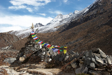 Old stupa with prayer flags, Everest region, Himalaya, Nepal
