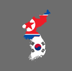 Map of the Korean peninsula, split into North and South Korea, with the respective flags on each, and the border marked in red. Background is transparent, no border.