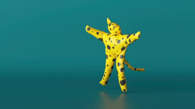 3d yellow leopard with black spots isolated on green background. Happy cartoon character, funny mascot, Inflatable cat toy party dancing loop animation, modern minimal seamless motion design