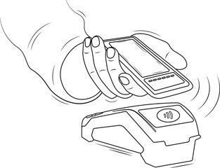 hand drawn sketch doodle vector illustration contactless payment online wallet credit card apple pay by iphone mobile application electronic money blue terminal cash in the office