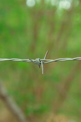 iron barbed wire field protection on the blurred background of meadows vertical photo