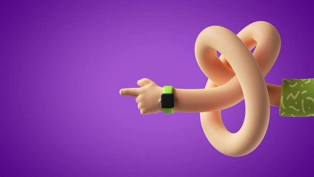 3d funny cartoon character tangled hand appears, shows direction with pointing finger, isolated on violet background with blank copy space