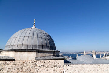 Fototapeta na wymiar Panoramic cityscape of Istanbul from Suleymaniye Mosque overlooking the Golden Horn or Halic