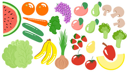 vector set of hand-drawn illustrations. Collection of vegetables and fruits. Cute products. Isolated on a white background.