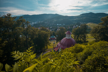 Panorama from the top of Banska Stiavnica Cavalry in central Slovakia during afternoon hours with...