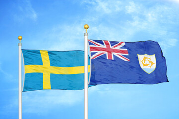 Sweden and Anguilla two flags on flagpoles and blue sky