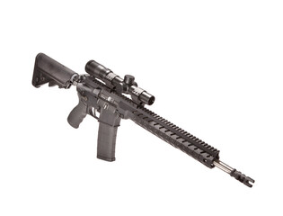 AR-15 Rifle titled down with a magazine inserted on a white background with a scope.