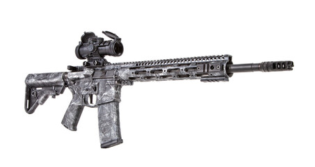 White and black camouflage effect on an AR-15 Rifle with an optic shot on a white background.