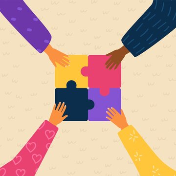 Female Hands Connect Puzzle Vector Illustration. Cartoon Flat Feminist Woman Characters Team Holding Puzzle, Connecting Pieces In Hands. Teamwork Diverse Group Cooperation, Solution, Feminism Concept