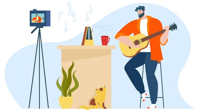 Music blog vector illustration. Cartoon flat creative musical blogger man character playing guitar, guitarist creating, recording video content on camera in modern room interior isolated on white