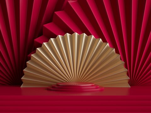 3d render. Blank showcase template for product display decorated with folded paper fans chinese style. Abstract red gold festive background with empty pedestal, fashion podium, round stage