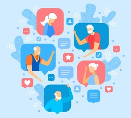 Older people in social network vector illustration. Cartoon senior flat man woman characters meeting online with old friends or family, communicating, networking. Elderly chat social activity concept