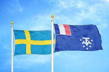 Sweden and French Southern and Antarctic Lands two flags on flagpoles